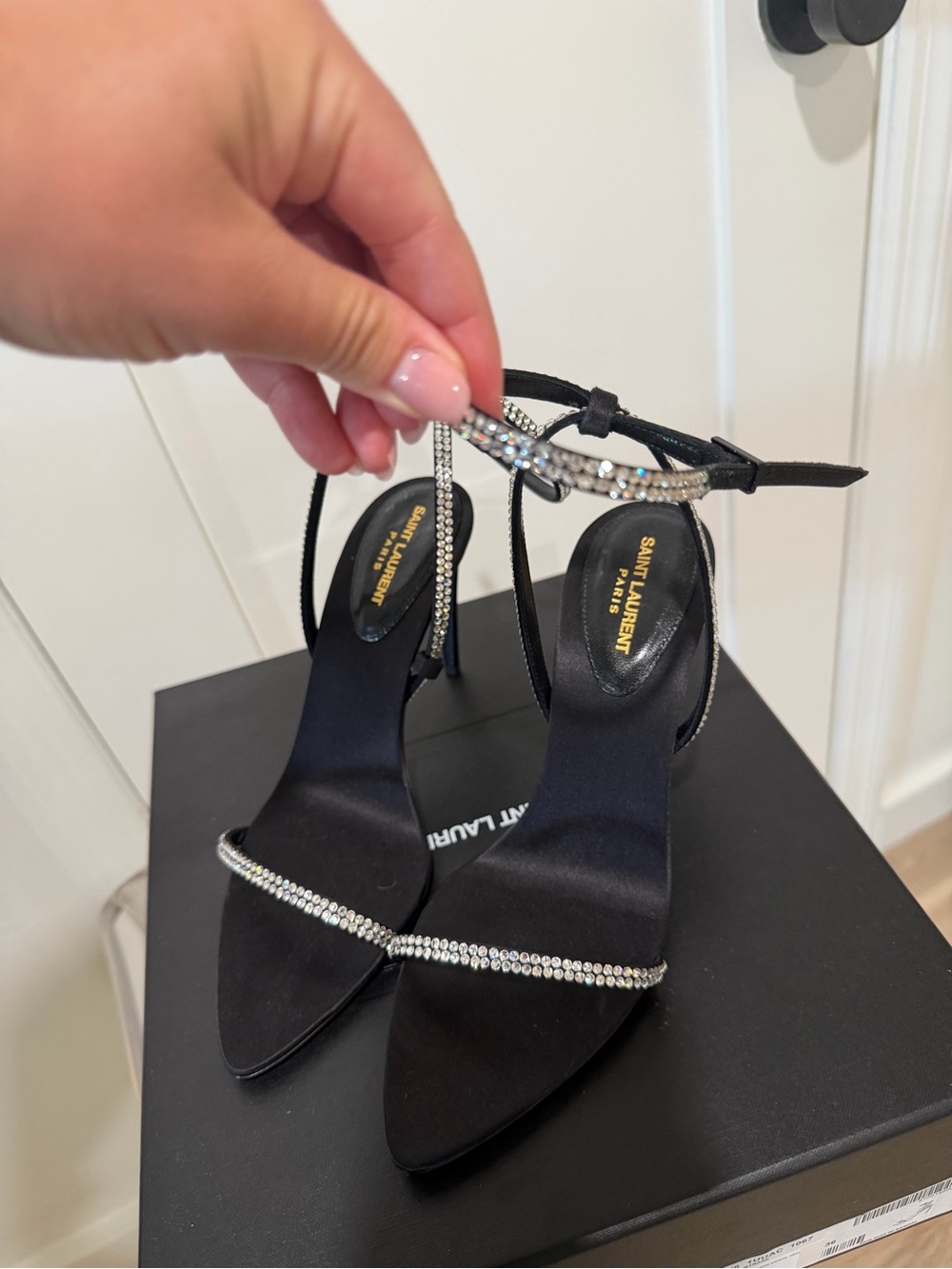 Saint Laurent Black Satin Crystal-Strap Stiletto Sandals